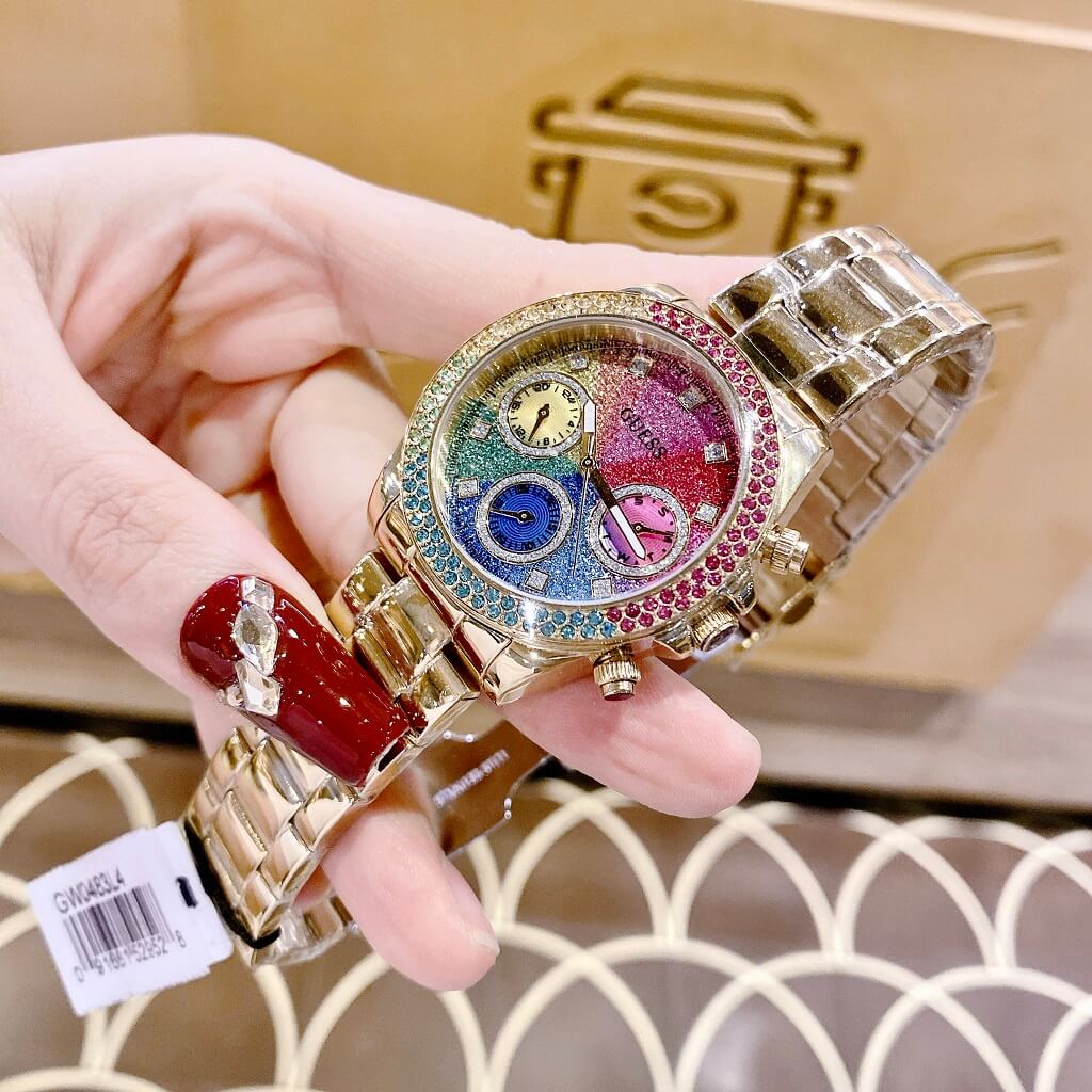  Shop Authentic Guess Confetti Chronograph Rainbow Dial Gold Steel Strap Watch For Women  - GW0483L4 - Luxxuri