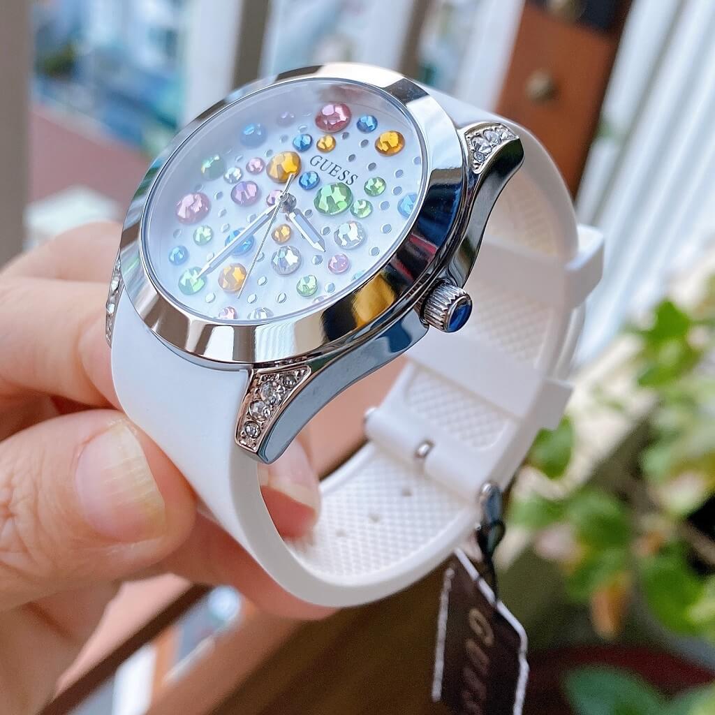  Shop Authentic Guess Wanderlust Crystals Silver Dial White Rubber Strap Watch For Women - W1059L3 - Luxxuri