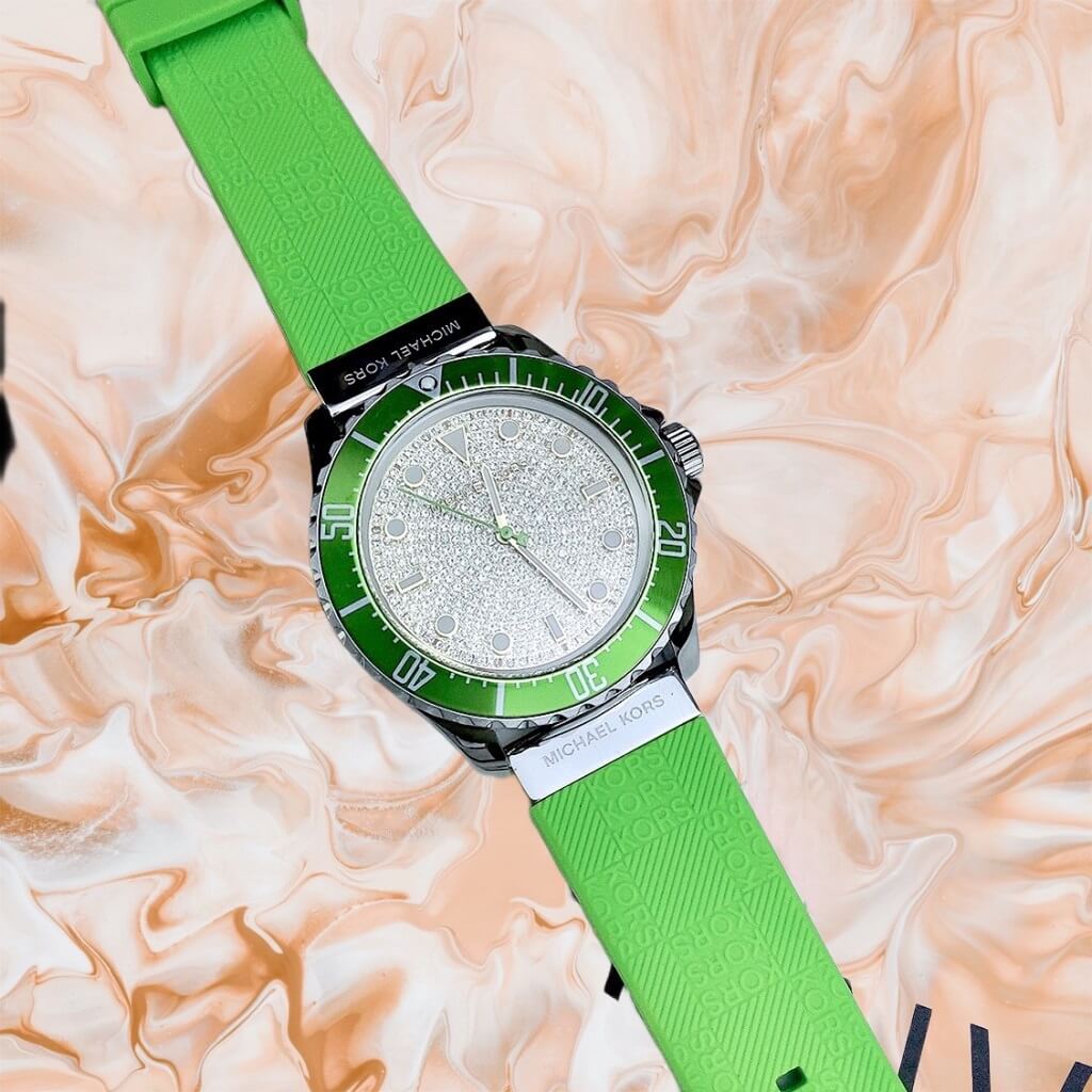  Shop Authentic Michael Kors Everest Three Hand Crystals Silver Dial Green Silicone Strap Watch For Women - MK7360 - Luxxuri