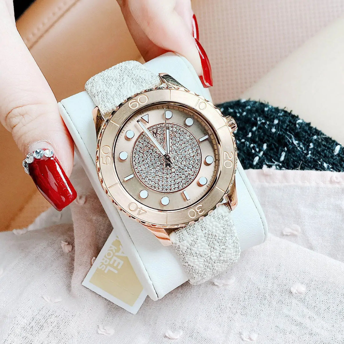 Shop Authentic Michael Kors Runway Quartz Rose Gold Dial White Leather Strap Watch For Women - MK6980 - Luxxuri