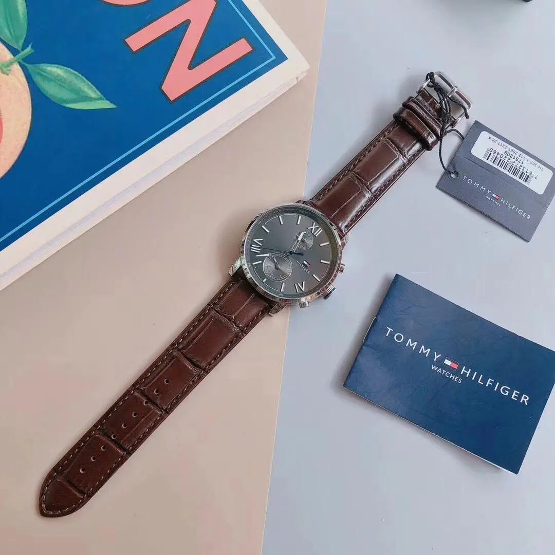  Shop Authentic Tommy Hilfiger Aiden Quartz Black Dial Brown Leather Strap Watch for Men - 1791309 - Luxxuri