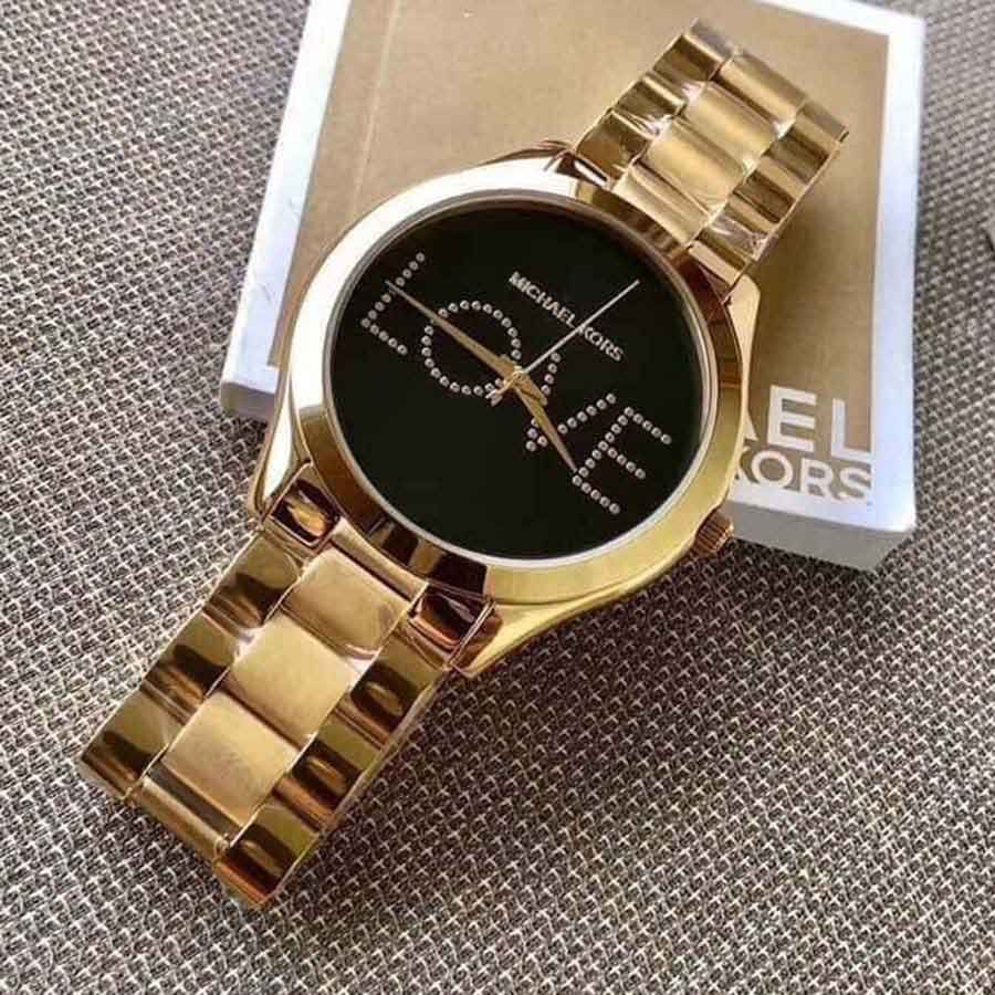  Shop Authentic Michael Kors Slim Runway Black Dial Gold Steel Strap Watch for Women - MK3803 - Luxxuri