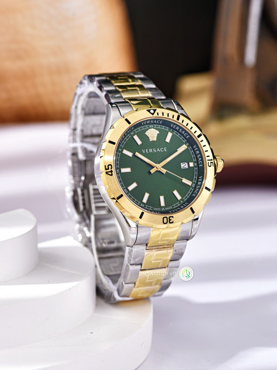  Shop Authentic Versace Hellenyium Quartz Green Dial Two Tone Steel Strap Watch For Men - VE3A00720 - Luxxuri