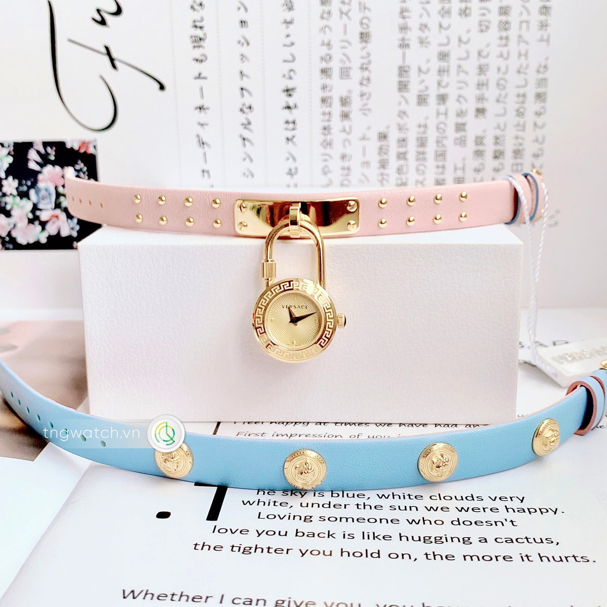  Shop Authentic Versace Medusa Lock Icon Quartz Gold Dial Pink & Blue Leather Strap Watch For Women - VEDW00219 - Luxxuri