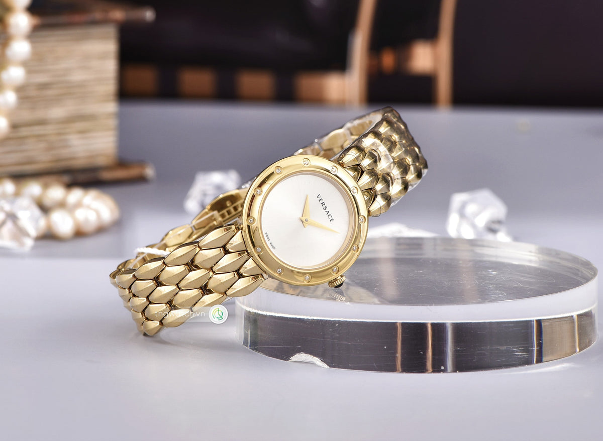  Shop Authentic Versace V-Flare Quartz Silver Dial Gold Steel Strap Watch for Women - VEBN00818 - Luxxuri