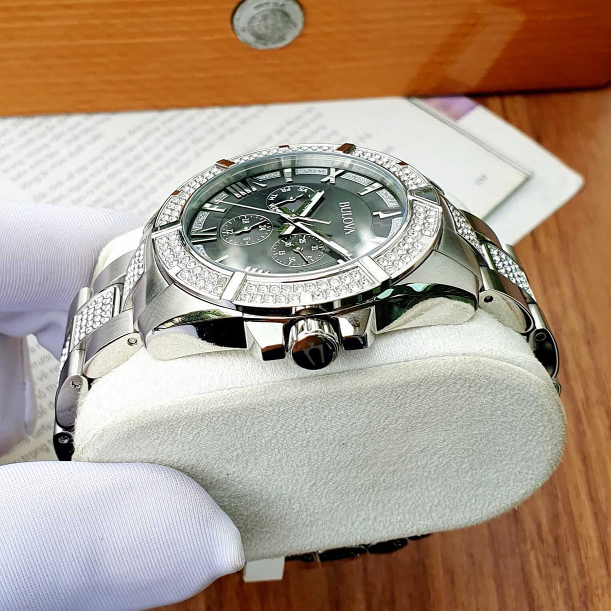  Shop Authentic Bulova Crystal Collection Chronograph Black Dial Two Tone Steel Strap Watch for Men - 96C126 - Luxxuri