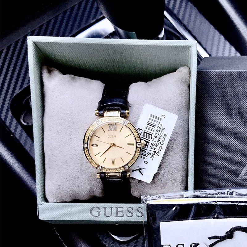  Shop Authentic Guess Park Avenue Quartz Gold Dial Black Leather Strap Watch For Women - W0838L1 - Luxxuri