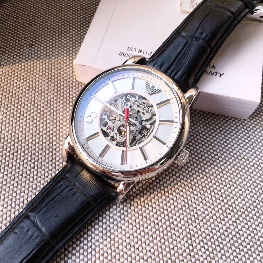 Shop Authentic Emporio Armani Meccanico Silver Skeleton Dial Black Leather Strap Watch For Men - AR2072 - Luxxuri