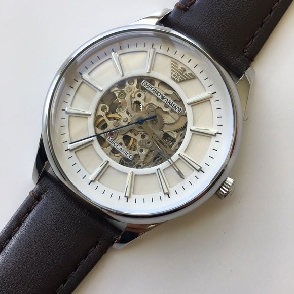  Shop Authentic Emporio Armani Meccanico White Dial Brown Leather Strap Watch For Men - AR1946 - Luxxuri