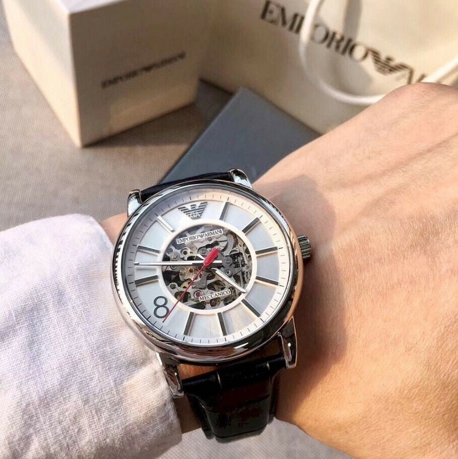  Shop Authentic Emporio Armani Meccanico Silver Skeleton Dial Black Leather Watch For Men - AR1997 - Luxxuri