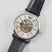  Shop Authentic Emporio Armani Meccanico Silver Skeleton Dial Black Leather Strap Watch For Men - AR2072 - Luxxuri