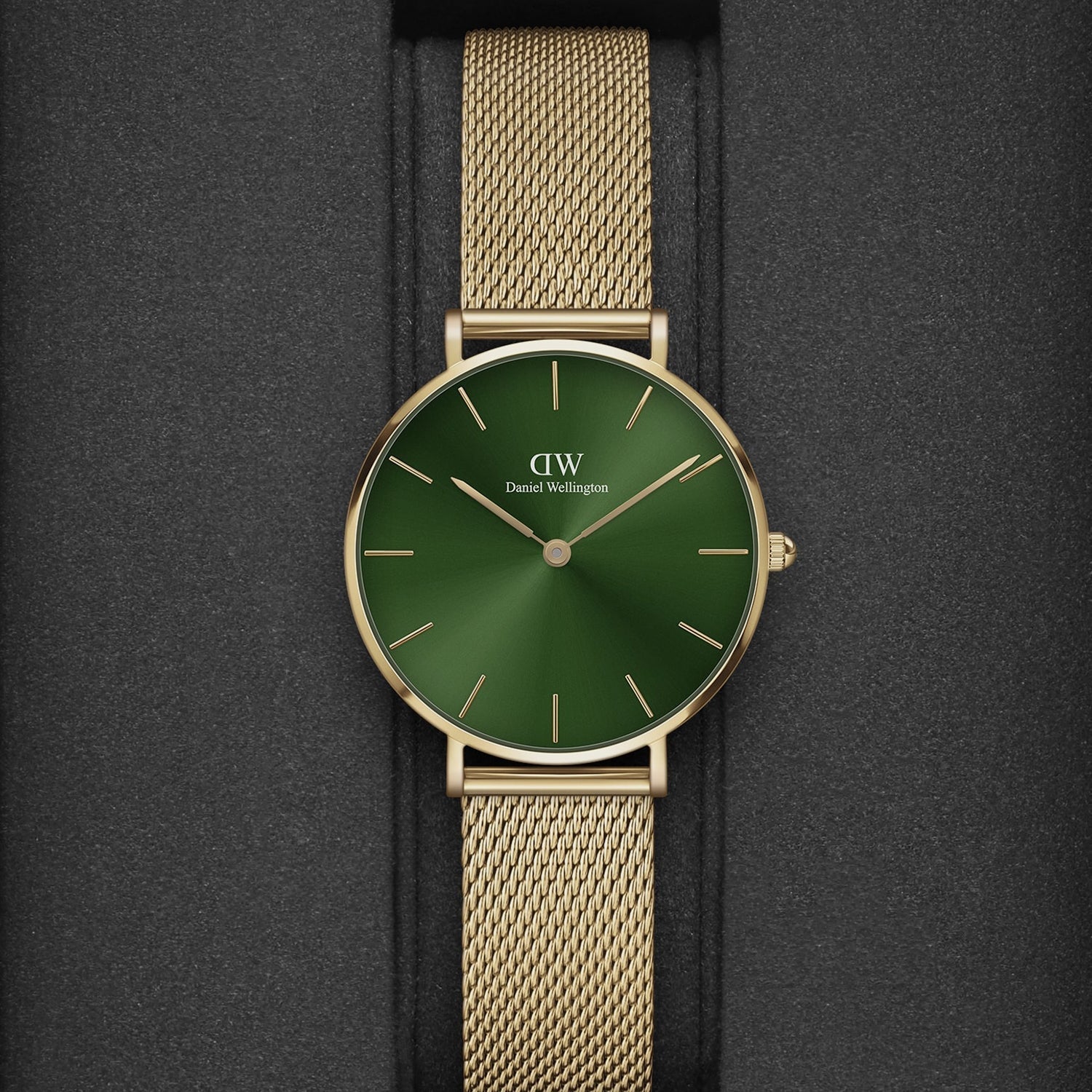  Shop Authentic Daniel Wellington Petite Emerald Green Dial Gold Mesh Strap Watch For Women - DW00100480 - Luxxuri