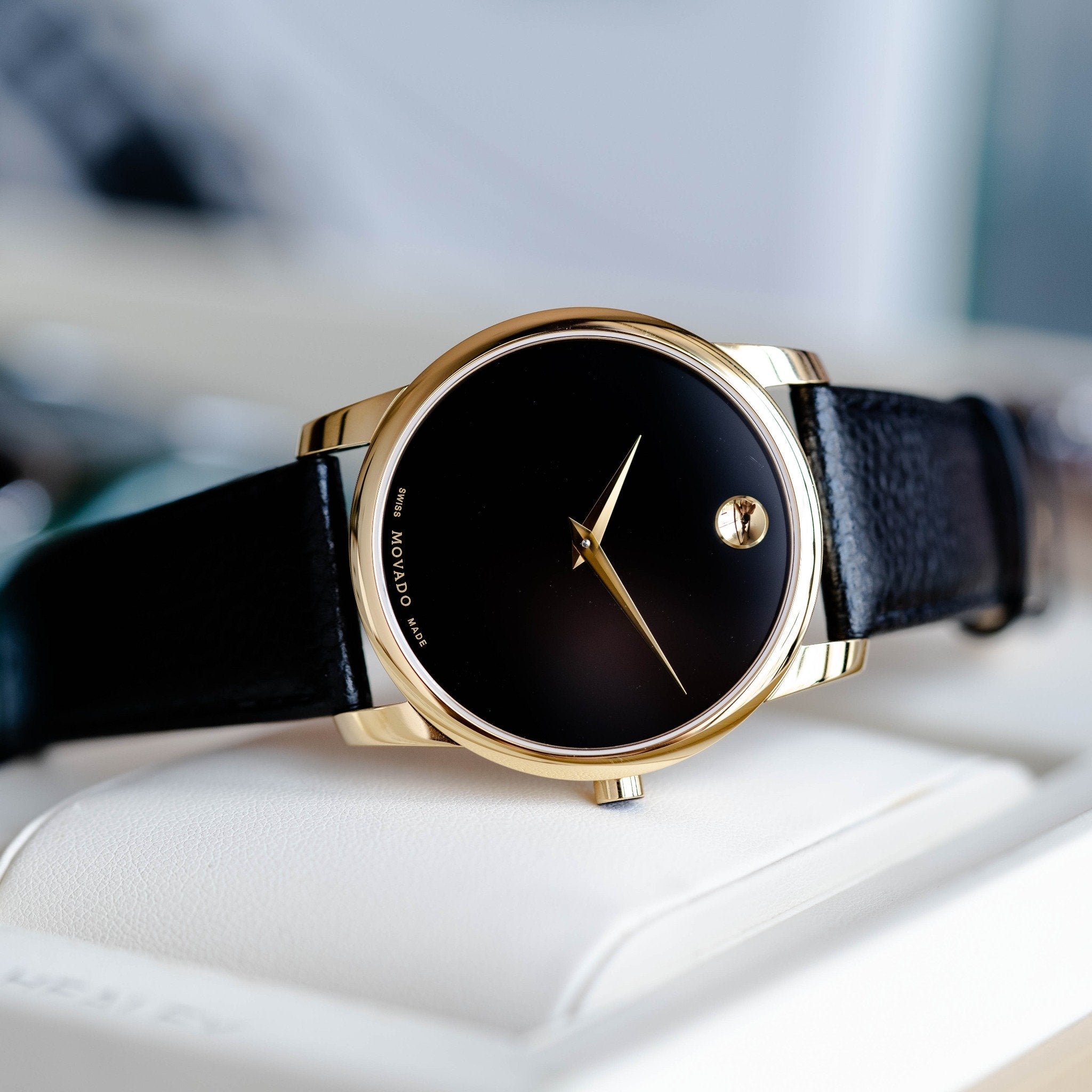  Shop Authentic Movado Museum Black Dial Black Leather Strap Watch For Men - 0607014 - Luxxuri