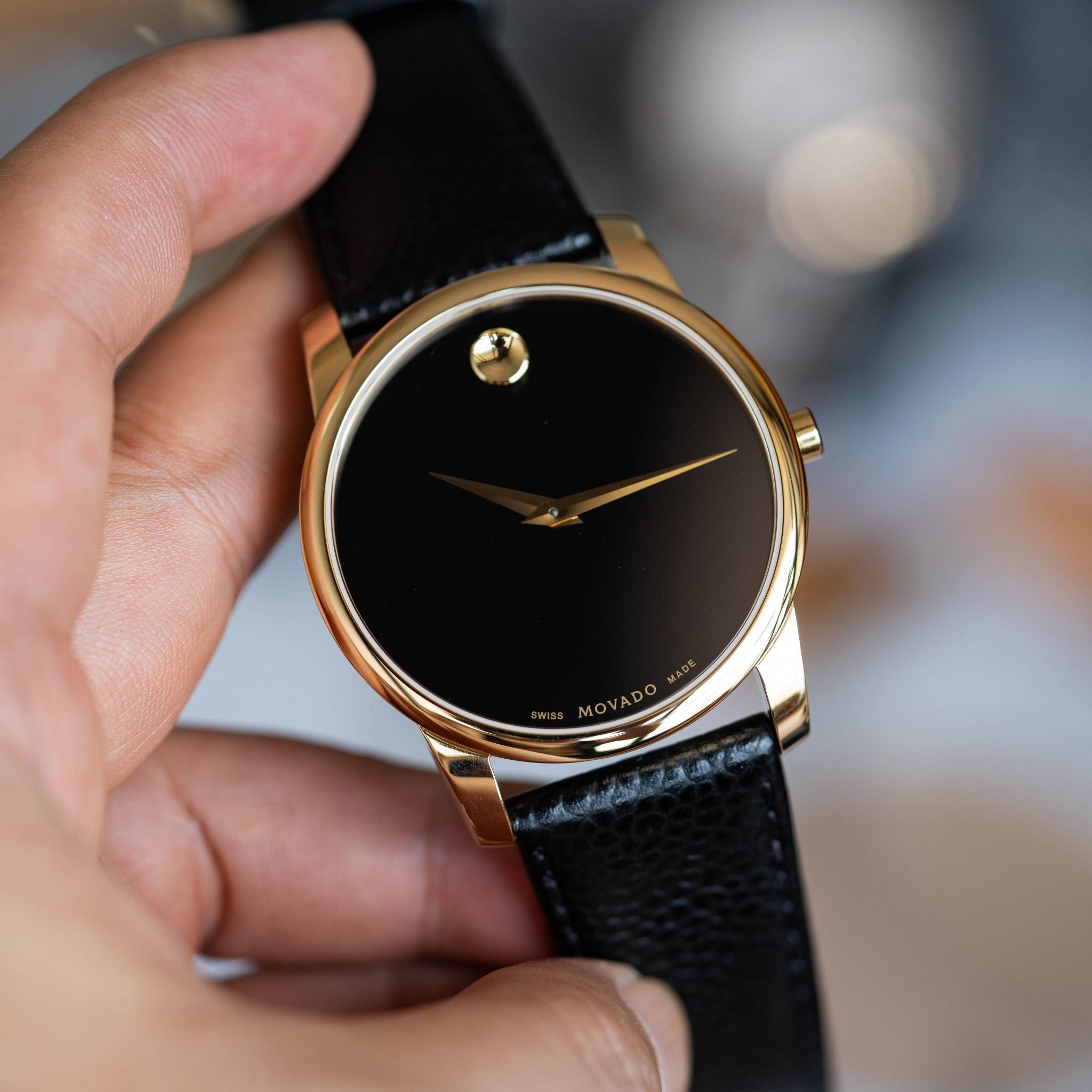  Shop Authentic Movado Museum Black Dial Black Leather Strap Watch For Men - 0607014 - Luxxuri
