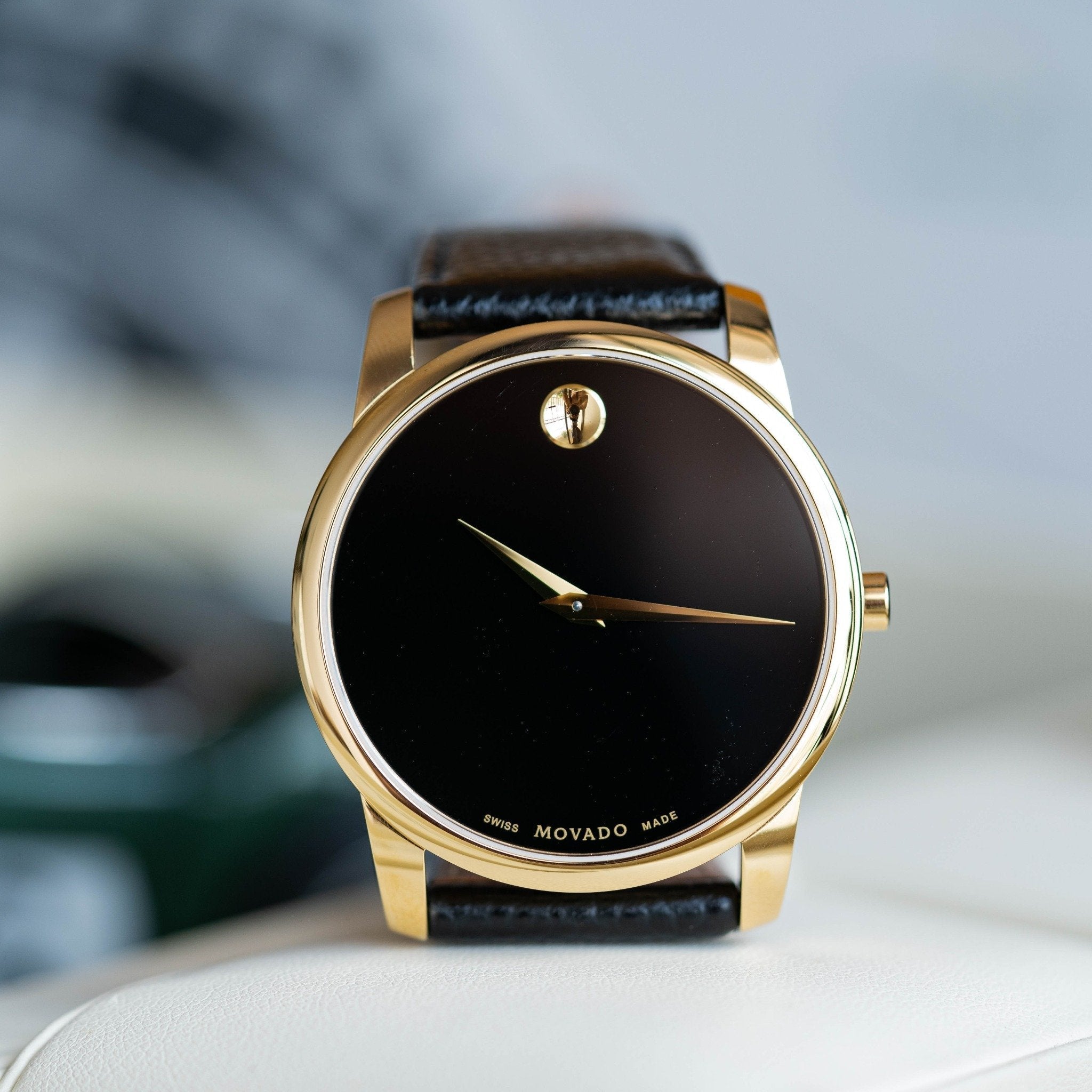  Shop Authentic Movado Museum Black Dial Black Leather Strap Watch For Men - 0607014 - Luxxuri