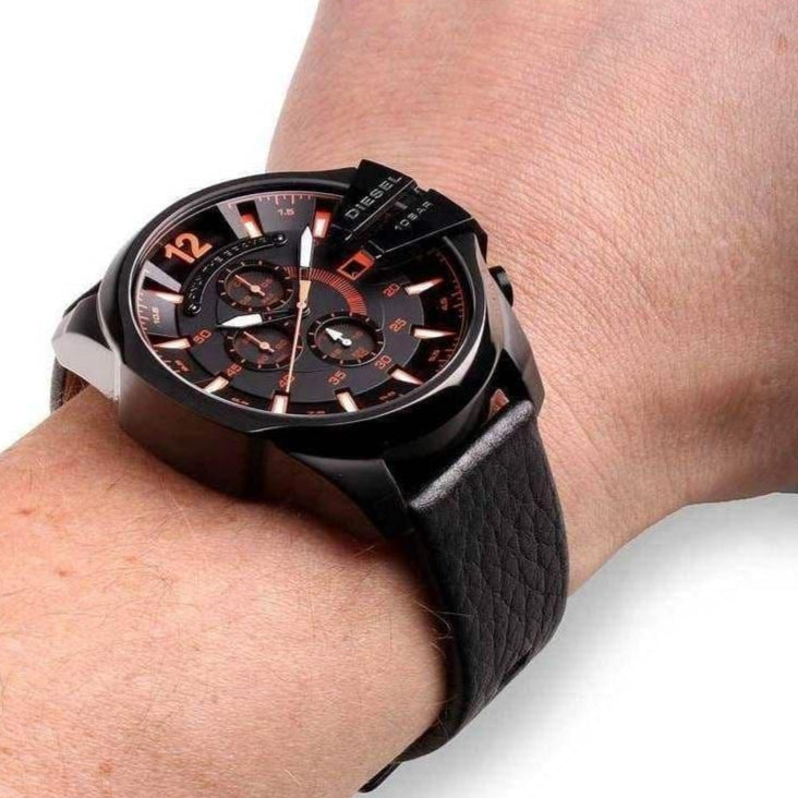  Shop Authentic Diesel Mega Chief Chronograph Black Dial Black Leather Strap Watch For Men - DZ4291 - Luxxuri