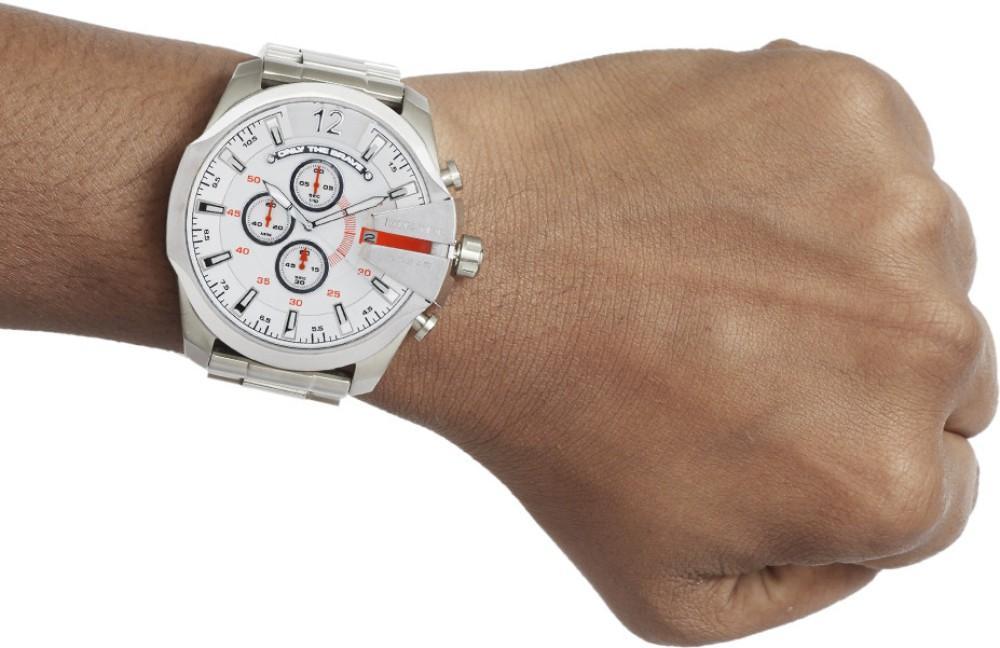  Shop Authentic Diesel Mega Chief Quartz Chronograph White Dial Steel Strap Watch For Men - DZ4328 - Luxxuri