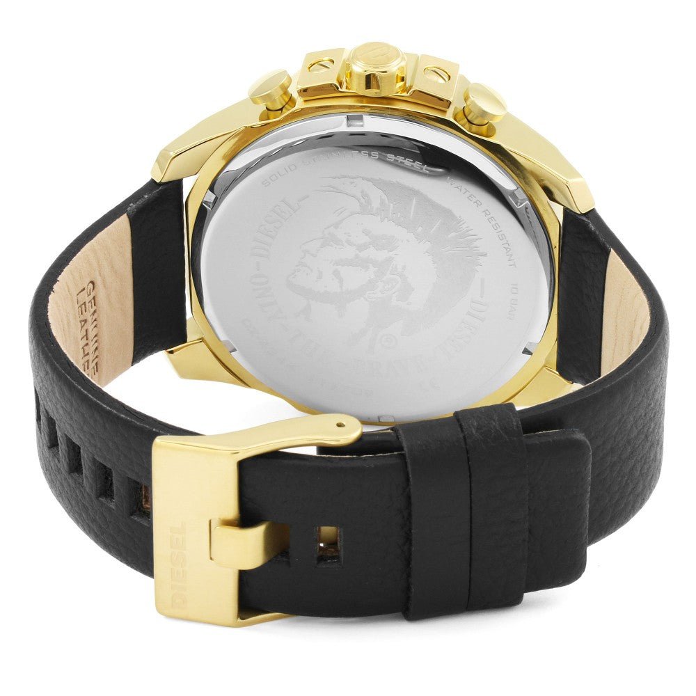  Shop Authentic Diesel Mega Chief Gold & Black Dial Black Leather Strap Watch For Men - DZ4344 - Luxxuri