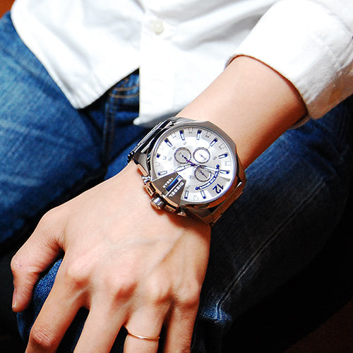  Shop Authentic Diesel Mega Chief Chronograph Silver Dial Silver Steel Strap Watch For Men - DZ4477 - Luxxuri