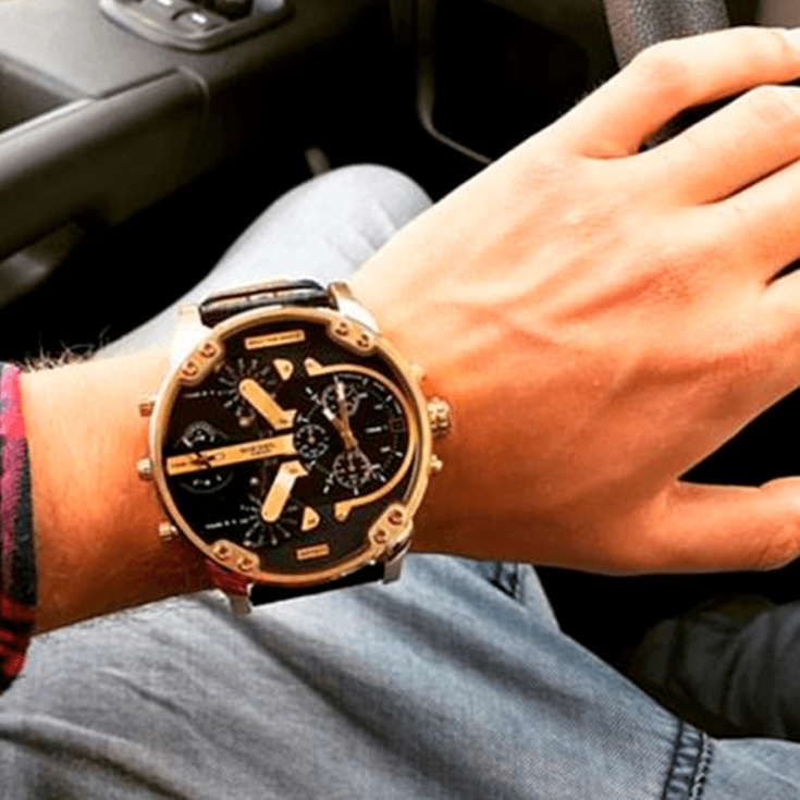  Shop Authentic Diesel Mr Daddy Black & Gold Dial Black Leather Strap Watch For Men - DZ7371 - Luxxuri