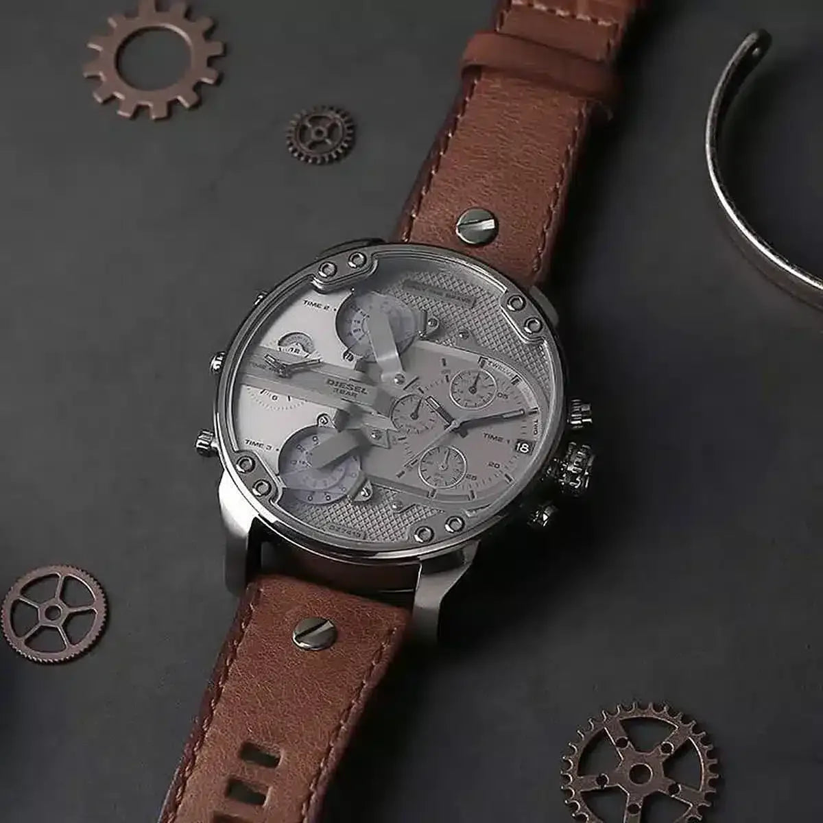  Shop Authentic Diesel Mr Daddy Quartz Grey Dial Brown Leather Strap Watch For Men - DZ7413 - Luxxuri