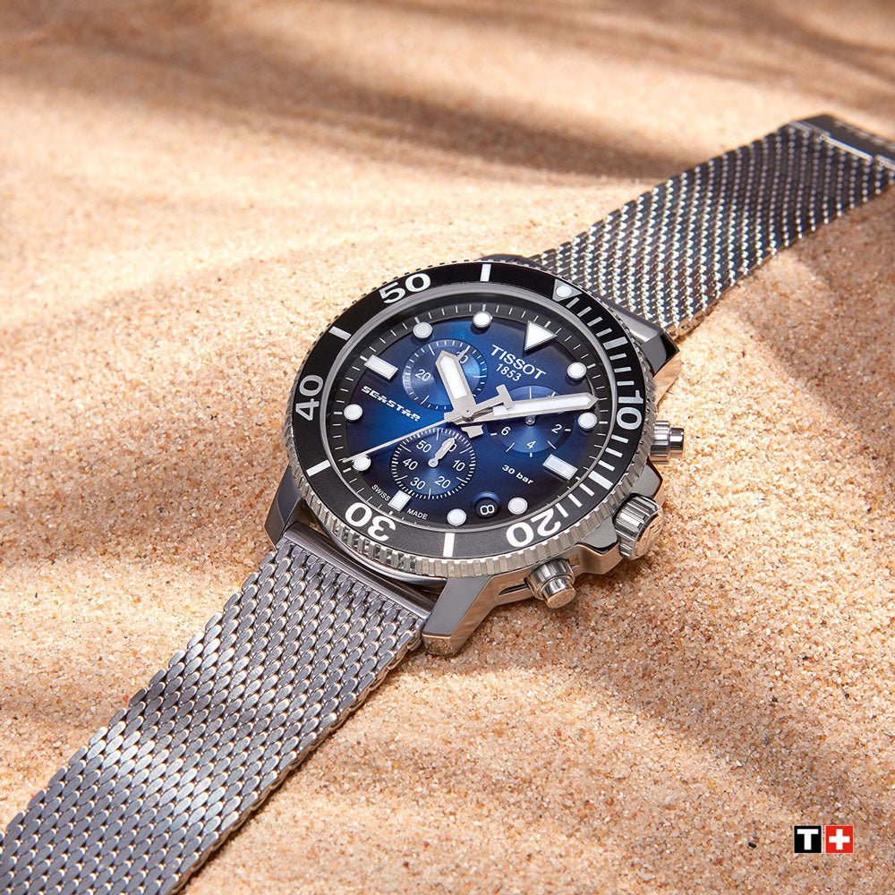  Shop Authentic Tissot Seastar 1000 Chronograph Blue Dial Silver Mesh Bracelet Watch For Men - T120.417.11.041.02 - Luxxuri