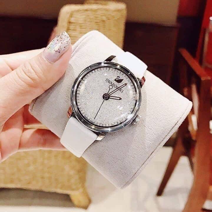  Shop Authentic Swarovski Crystalline Hours Silver Dial White Leather Strap Watch for Women - 5295383 - Luxxuri