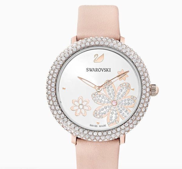  Shop Authentic Swarovski Crystal Quartz Pink Dial Pink Leather Strap Watch for Women - 5575217 - Luxxuri