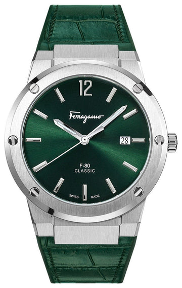  Shop Authentic Salvatore Ferragamo F-80 Classic Green Dial Green Leather Strap Watch for Men - SFDT00119 - Luxxuri