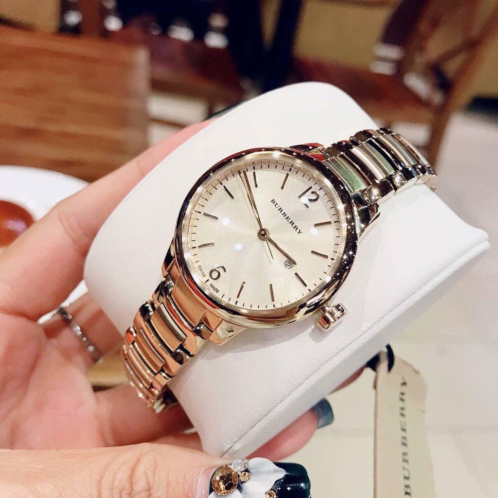  Shop Authentic Burberry The Classic Champagne Dial Gold Steel Strap Watch for Women - BU10109 - Luxxuri