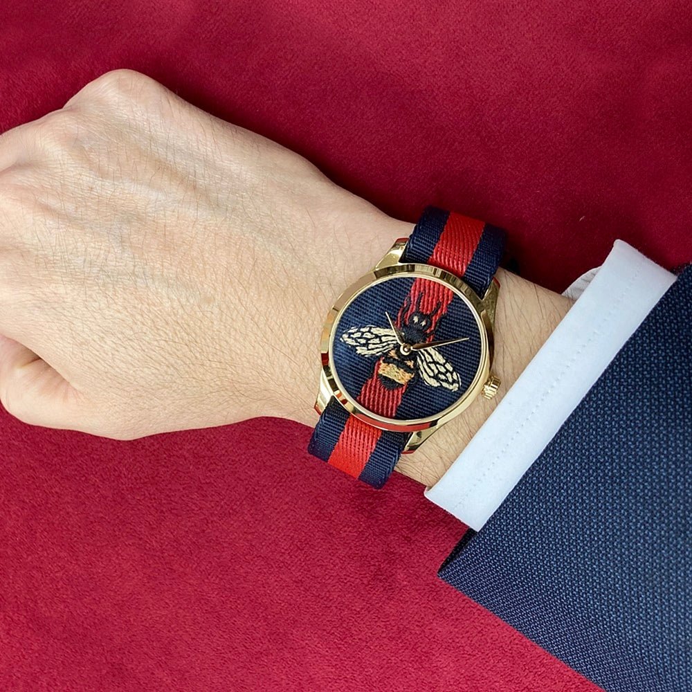  Shop Authentic Gucci G Timeless Bee Red & Blue Dial Red Two Tone Nylon Strap Watch For Men - YA1264061 - Luxxuri