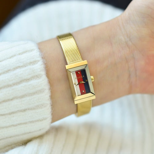 Shop Authentic Gucci G Frame Quartz Diamonds White Red Blue Dial Gold Mesh Bracelet Watch For Women - YA147511 - Luxxuri