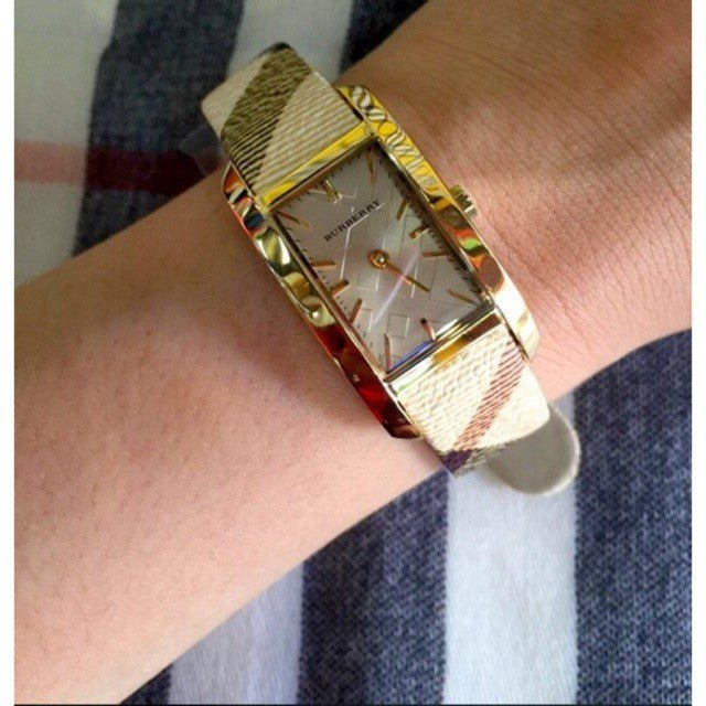  Shop Authentic Burberry Pioneer Gold Dial Haymarket Beige Leather Strap Watch for Women - BU9509 - Luxxuri