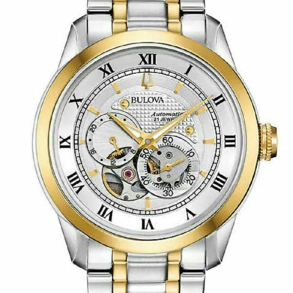  Shop Authentic Bulova BVA Skeleton Silver Dial Two Tone Steel Strap Watch for Men - 98A123 - Luxxuri