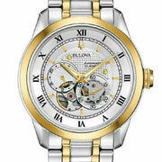 Shop Authentic Bulova BVA Skeleton Silver Dial Two Tone Steel Strap Watch for Men - 98A123 - Luxxuri