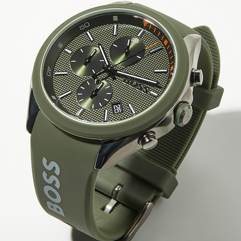  Shop Authentic Hugo Boss Velocity Chronograph Green Dial Green Rubber Strap Watch For Men - 1514060 - Luxxuri
