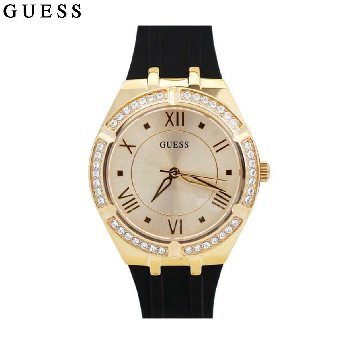  Shop Authentic Guess Cosmo Diamonds Gold Dial Black Rubber Strap Watch for Women - GW0034L1 - Luxxuri