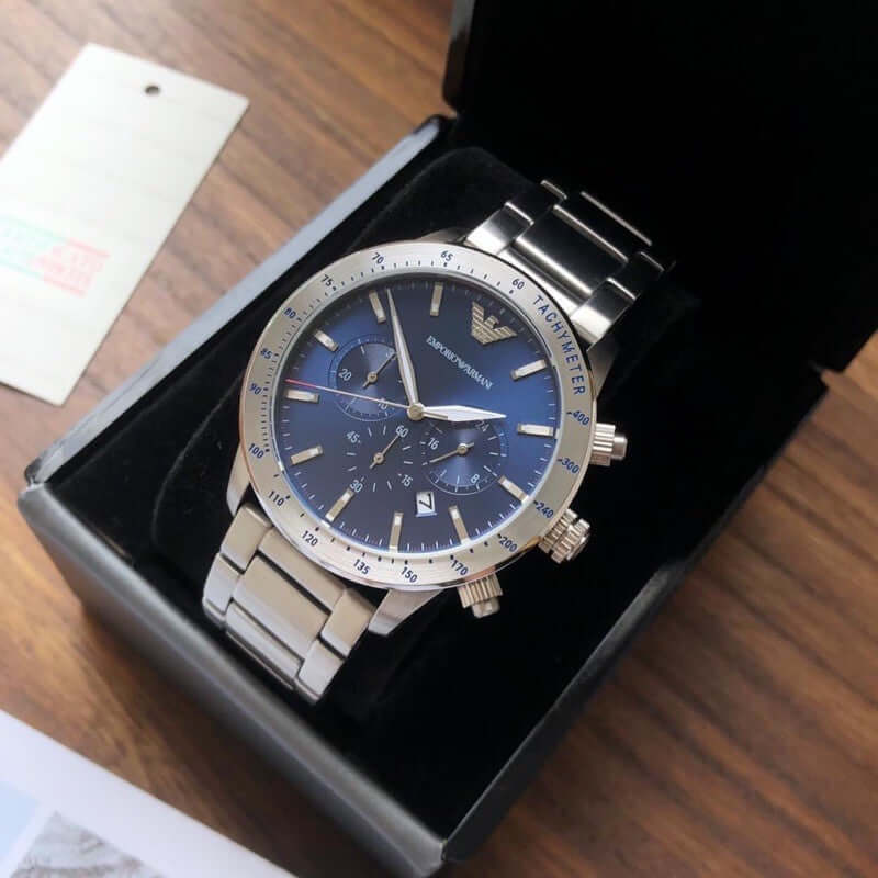  Shop Authentic Emporio Armani Mario Chronograph Blue Dial Silver Steel Strap Watch For Men - AR11306 - Luxxuri