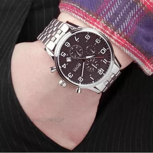  Shop Authentic Hugo Boss Aeroliner Chronograph Quartz Black Dial Silver Steel Strap Watch For Men - HB1512446 - Luxxuri
