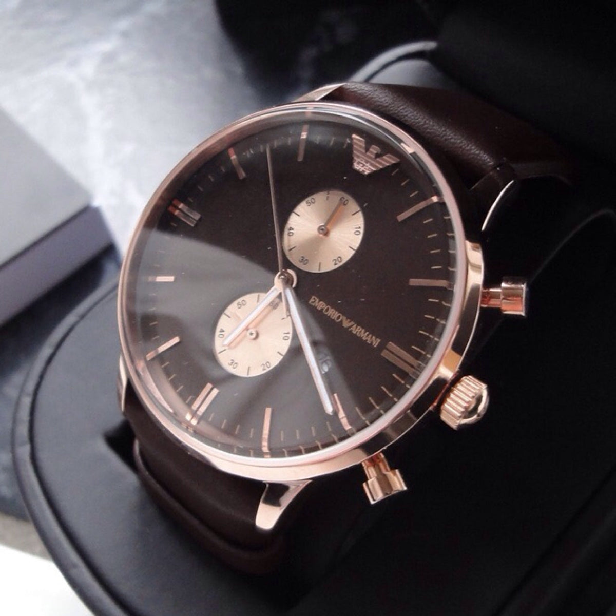  Shop Authentic Emporio Armani Classic Chronograph Brown Dial Brown Leather Strap Watch For Men - AR0387 - Luxxuri