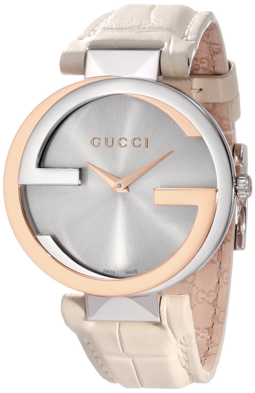  Shop Authentic Gucci Interlocking 18K Gold Silver Dial White Leather Strap Watch For Women - YA133303 - Luxxuri