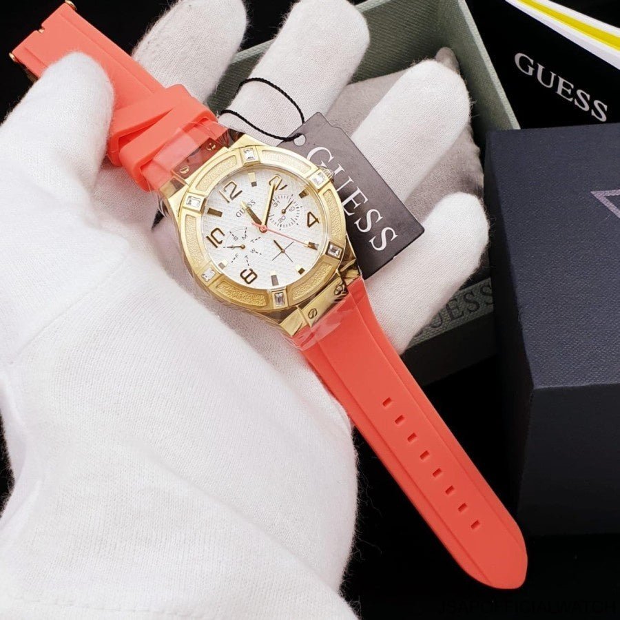  Shop Authentic Guess Jet Setter Golden Dial Orange Rubber Watch For Women - W0564L2 - Luxxuri