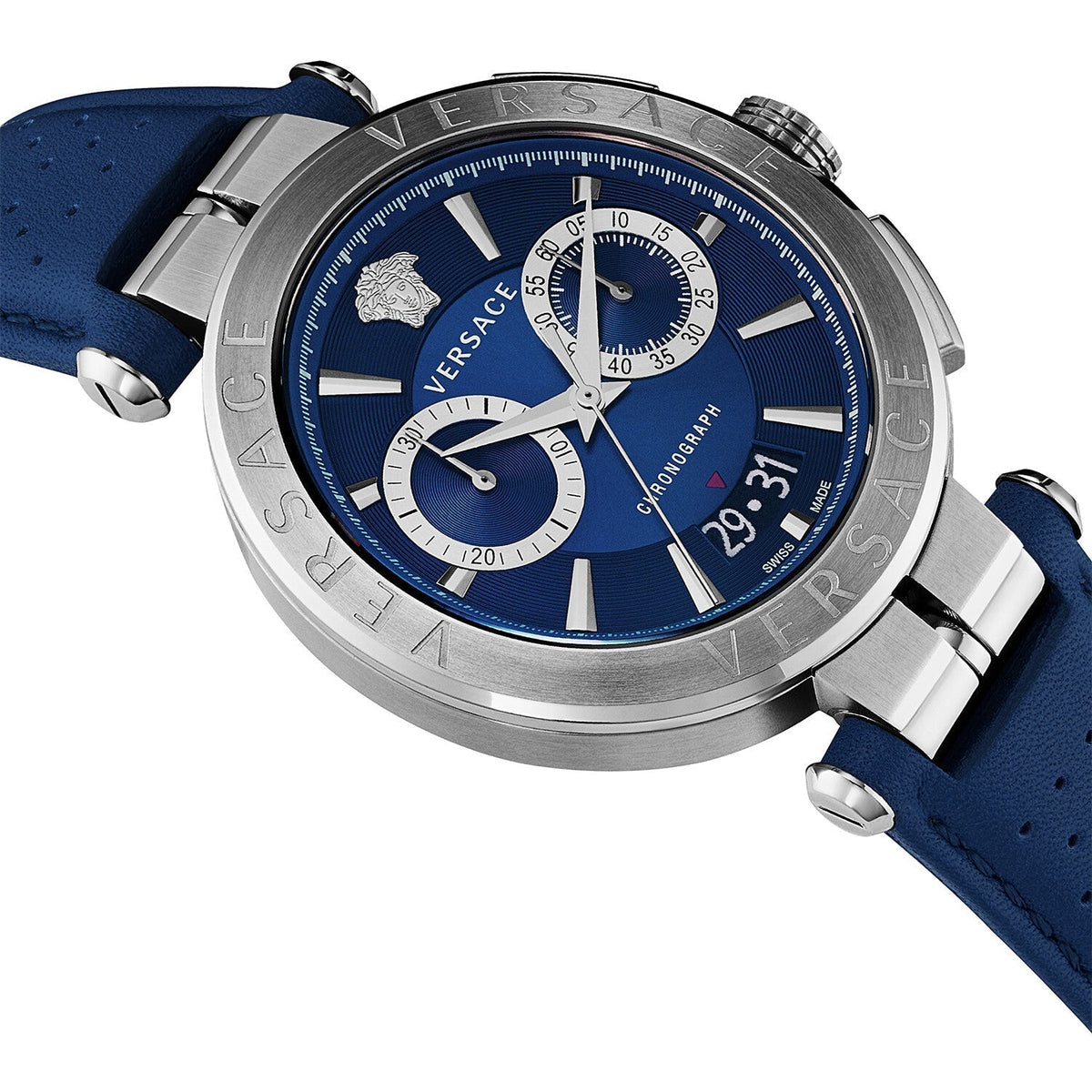  Shop Authentic Versace Aion Chronograph Blue Dial Blue Leather Strap Watch for Men - VE1D01220 - Luxxuri