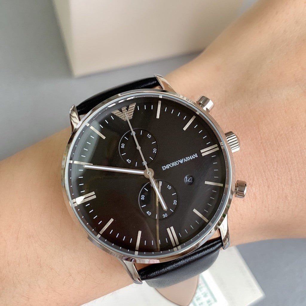  Shop Authentic Emporio Armani Gianni Chronograph Black Dial Black Leather Strap Watch For Men - AR0397 - Luxxuri