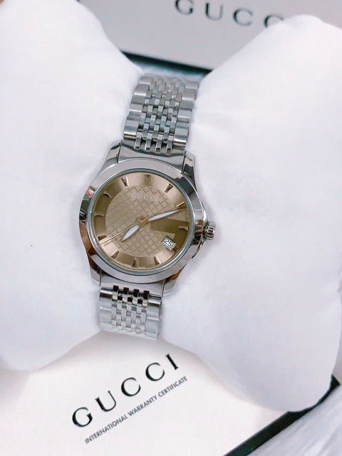  Shop Authentic Gucci G Timeless Brown Dial Silver Steel Strap Watch For Women - YA126503 - Luxxuri