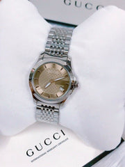  Shop Authentic Gucci G Timeless Brown Dial Silver Steel Strap Watch For Women - YA126503 - Luxxuri