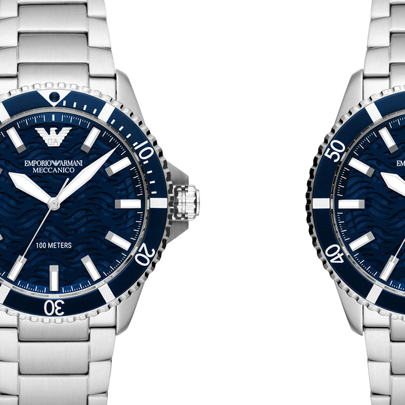  Shop Authentic Emporio Armani Meccanico Automatic Blue Dial Silver Steel Strap Watch For Men - AR60059 - Luxxuri