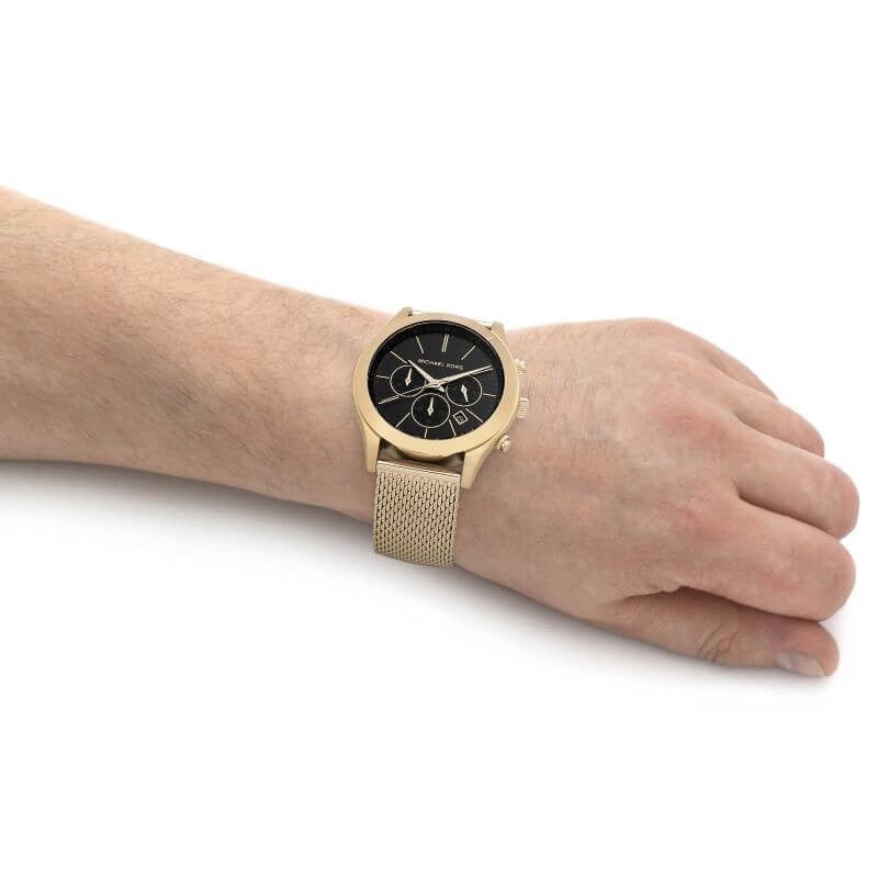  Shop Authentic Michael Kors Slim Runway Chronograph Black Dial Gold Mesh Strap Watch For Men - MK9057 - Luxxuri