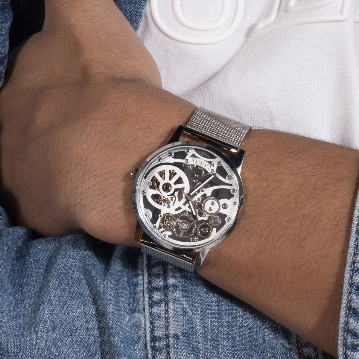  Shop Authentic Guess Gadget Silver Dial Silver Mesh Bracelet Watch for Men - GW0538G1 - Luxxuri