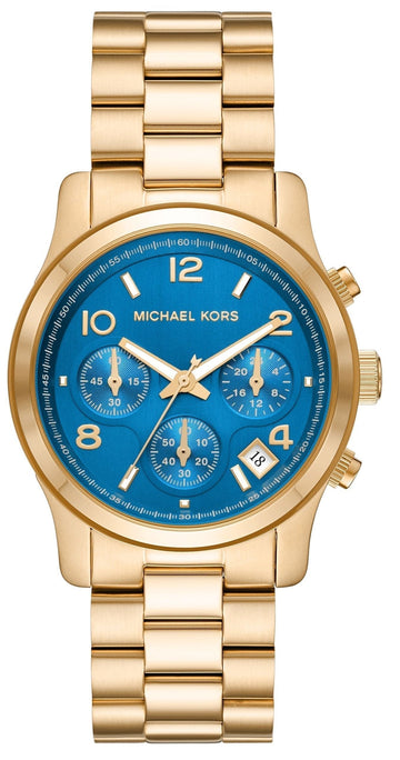  Shop Authentic Michael Kors Runway Chronograph Blue Dial Gold Steel Strap Watch For Women - MK7353 - Luxxuri